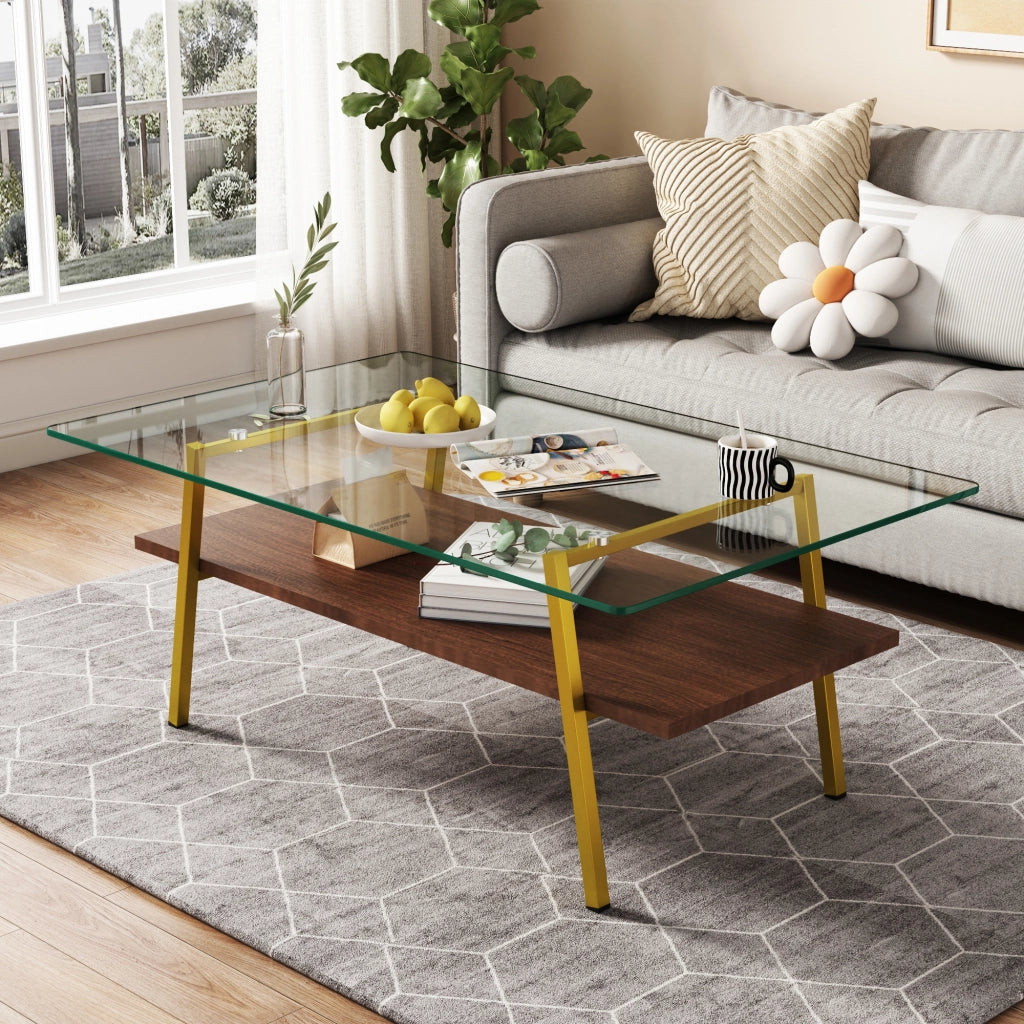TAVOLINO da caffè rettangolare 98x58x42,5 cm in vetro temperato, MDF e oro