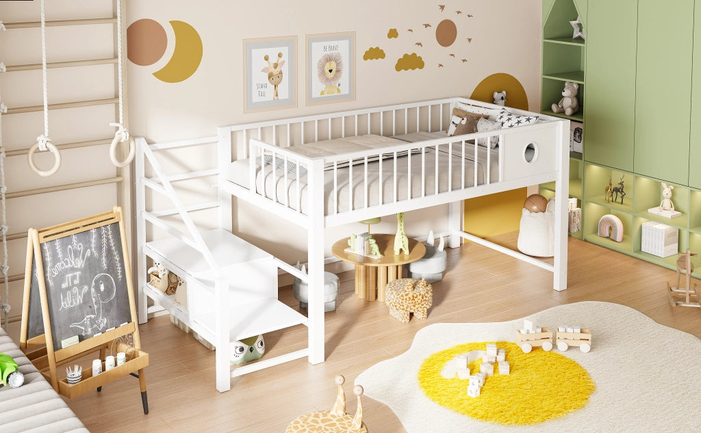 DESMIU Letto a soppalco per bambini 90 × 200 cm con scala contenitore, senza materasso, metallo bianco