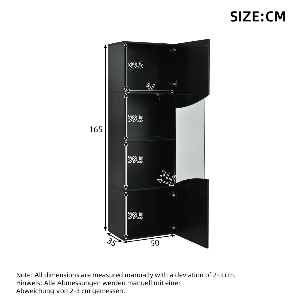 Vetrina alta con 4 ripiani e LED per soggiorno, design stretto, in vetro temperato, nero lucido, 35 × 50 × 165 cm