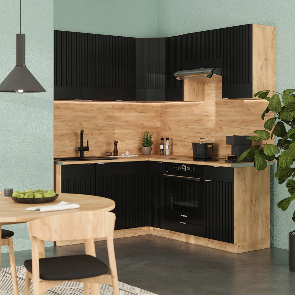Vicco Cucina angolare completa Rovere nero rigato/oro 160 x 60 cm senza piano di lavoro