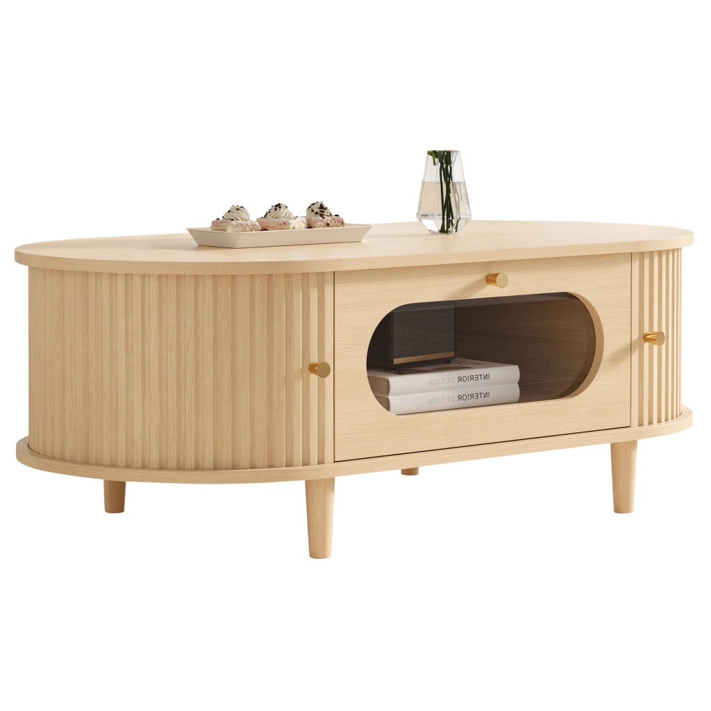 Tavolino da salotto 100x50x36 cm in MDF effetto legno; con cassetto e ante a serranda; oak