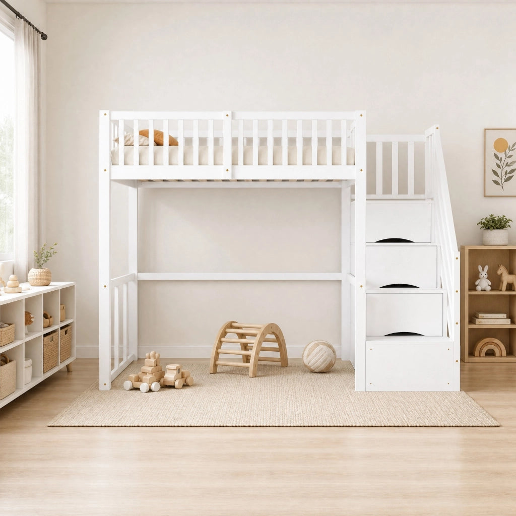 Letto a soppalco 90x200 cm in legno di pino bianco con scala contenitore