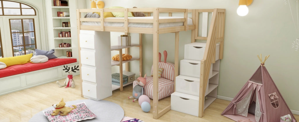 DESMIU Letto a soppalco 140 × 200 cm con 4 cassetti, ripiani e scala, senza materasso, legno naturale e bianco
