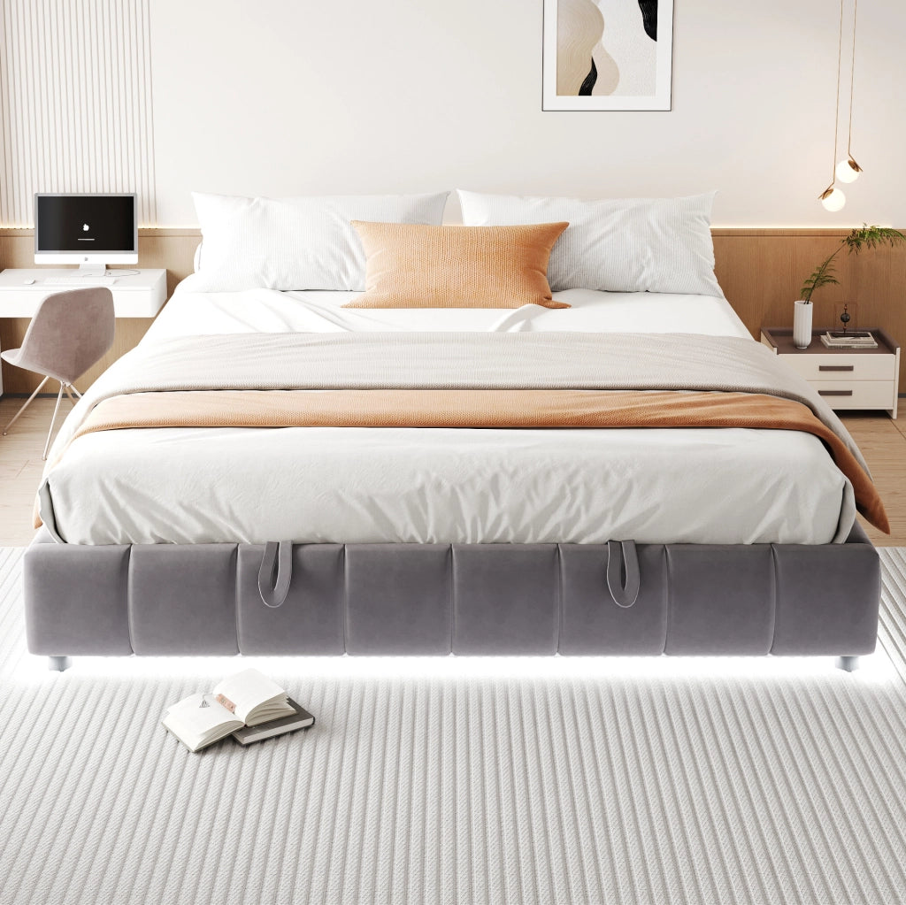 Letto imbottito 180x200 cm grigio con LED e contenitore