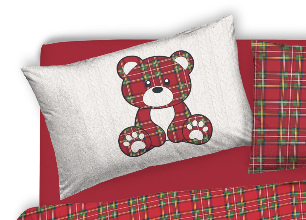 Copripiumino Sacco Piumone Pensieri Delicati 100% Cotone Orsetto Tartan - Matrimoniale - Rosso