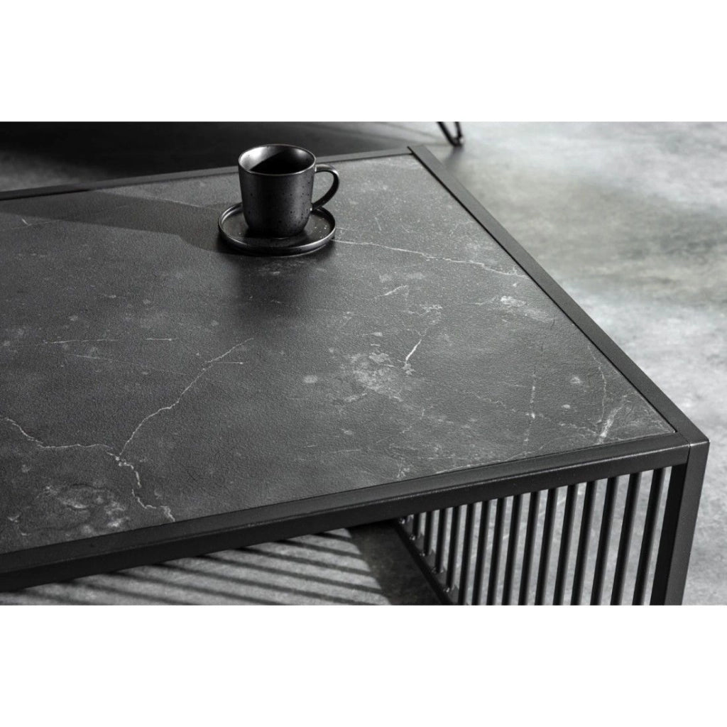 Tavolino basso ABITTA rettangolare 100 cm nero e vetro fumé – Moderno con piano misto MDF effetto marmo e vetro temperato
