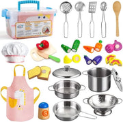 Set di Cucina per Bambini - 24 pezzi con Giocattoli in Legno e Set di Pannini in Acciaio Inossidabile - Incluso Grembiule e Cappuccio da Cuoco - Gioco di Ruolo Cucina