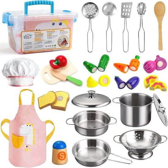 Set di Cucina per Bambini - 24 pezzi con Giocattoli in Legno e Set di Pannini in Acciaio Inossidabile - Incluso Grembiule e Cappuccio da Cuoco - Gioco di Ruolo Cucina