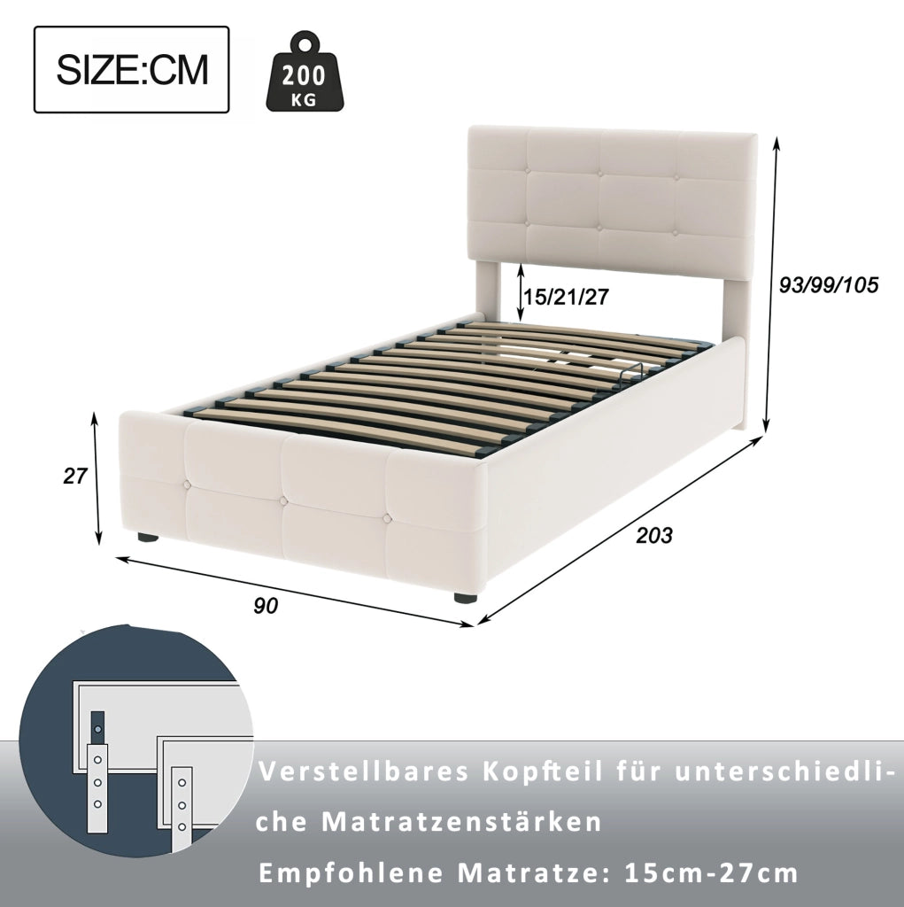 Letto imbottito per bambini 90x200 cm con contenitore idraulico beige