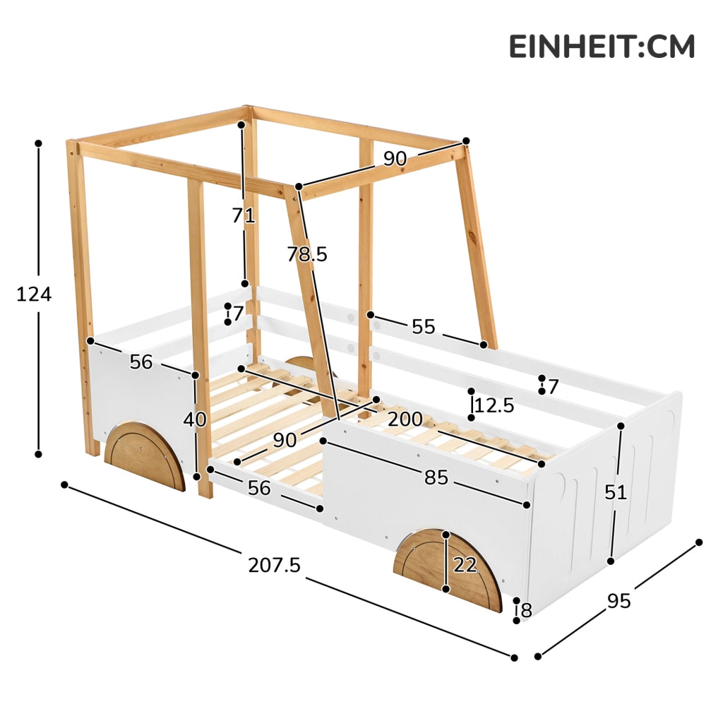 Letto per bambini a forma di auto 90x200 cm con sponde in pino e MDF bianco e naturale