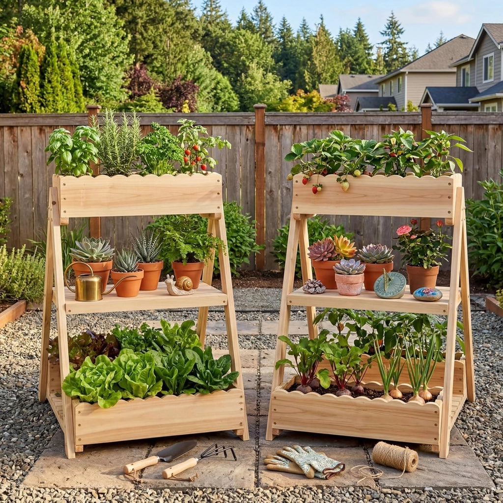 Orto Rialzato da Giardino a 3 Livelli, Fioriera Rialzata in Legno Massello con 3 Vasi e 2 Ripiani, Fioriere Verticali a Scale da Esterno e Interno per Balcone e Terrazza, 66 x 58 x 60 cm