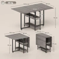 Tavolo Pieghevole a 2 Ribalte per 4 Persone con 2 Ripiani Aperti, in Legno e Metallo, 133.4x80x75 cm, Grigio