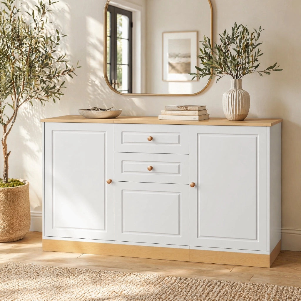 Credenza sideboard a 3 ante con 2 cassetti; 135;5 cm; in truciolare bianco e effetto legno