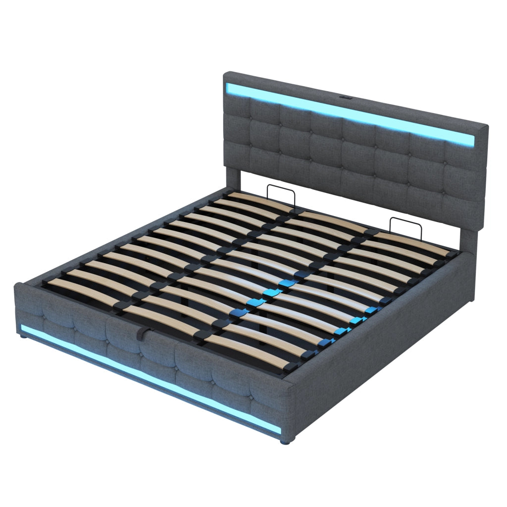 Letto imbottito con LED RGB, USB e contenitore integrato