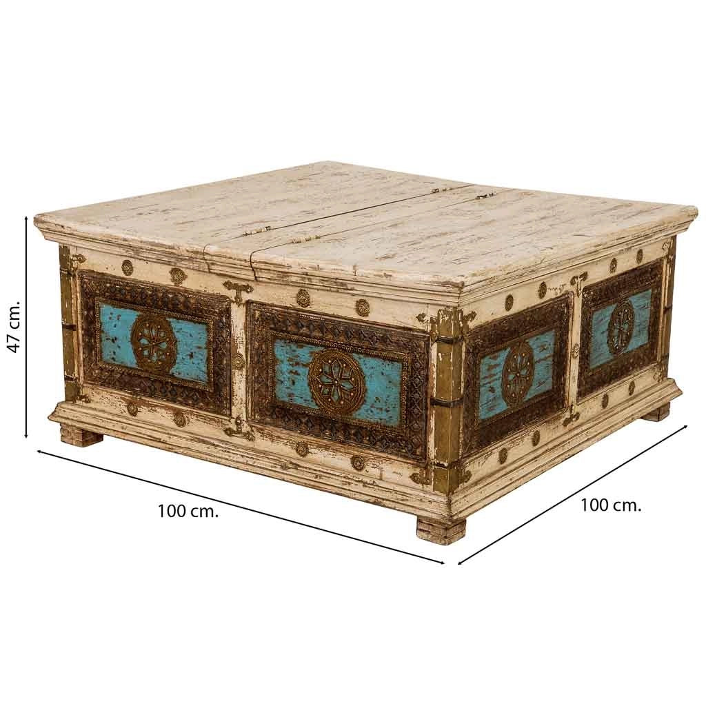 Tavolino artigianale in legno bianco, 100x100x47h cm