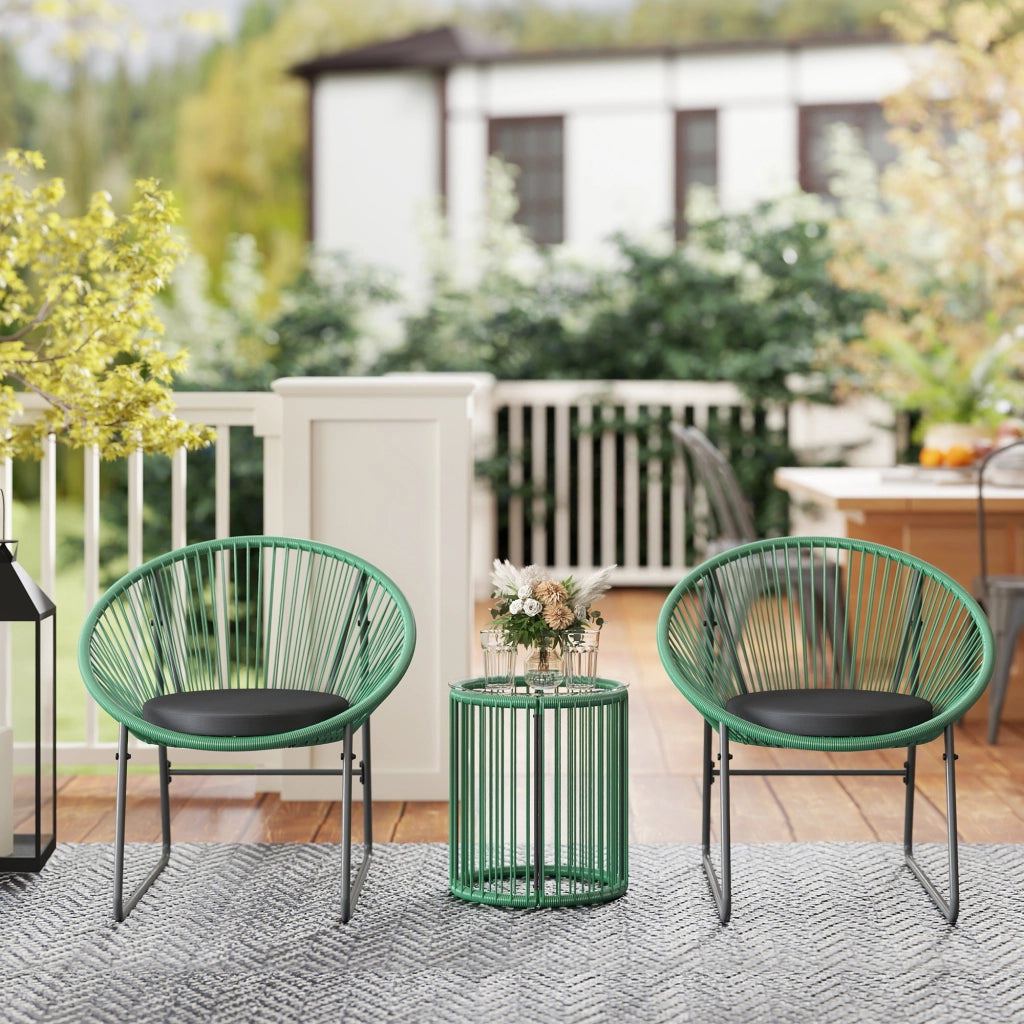 Set da giardino 3 pezzi ¨C zephmum ¨C tavolo con vetro, 2 sedie con cuscini, polirattan verde