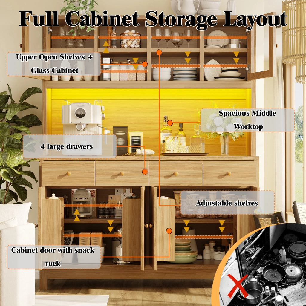 Credenza alta con LED RGB, ante in vetro, 4 cassetti e ripiani regolabili, in MDF effetto legno, 140 × 38,5 × 180 cm