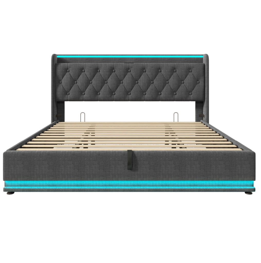 Letto imbottito 180x200 cm con contenitore idraulico; LED; USB e Type-C; lino grigio