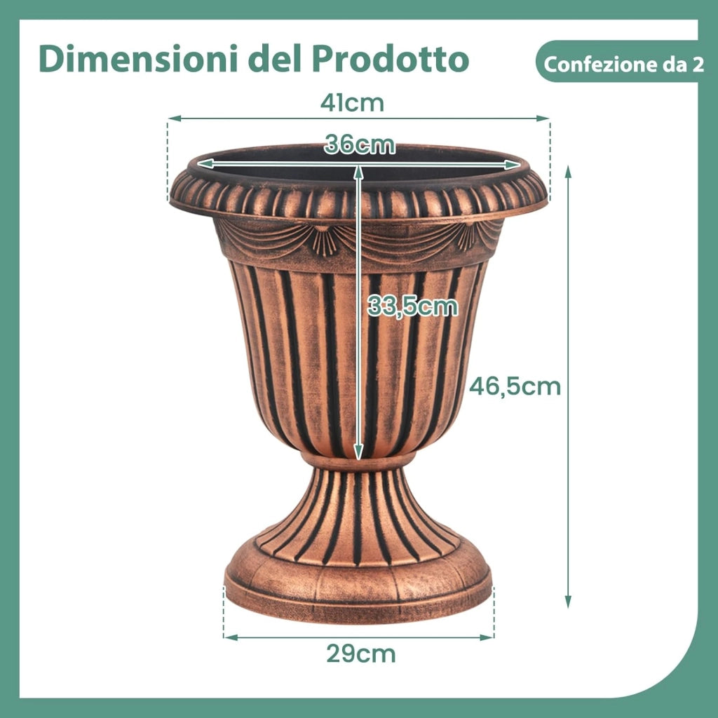 Set di 2 Vasi Alti, Vasi per Fiori in Plastica a Forma di Urna con Base a Piedistallo e Foro di Drenaggio, Contenitori Decorativi per Piante per Interni ed Esterni (Bronzo)