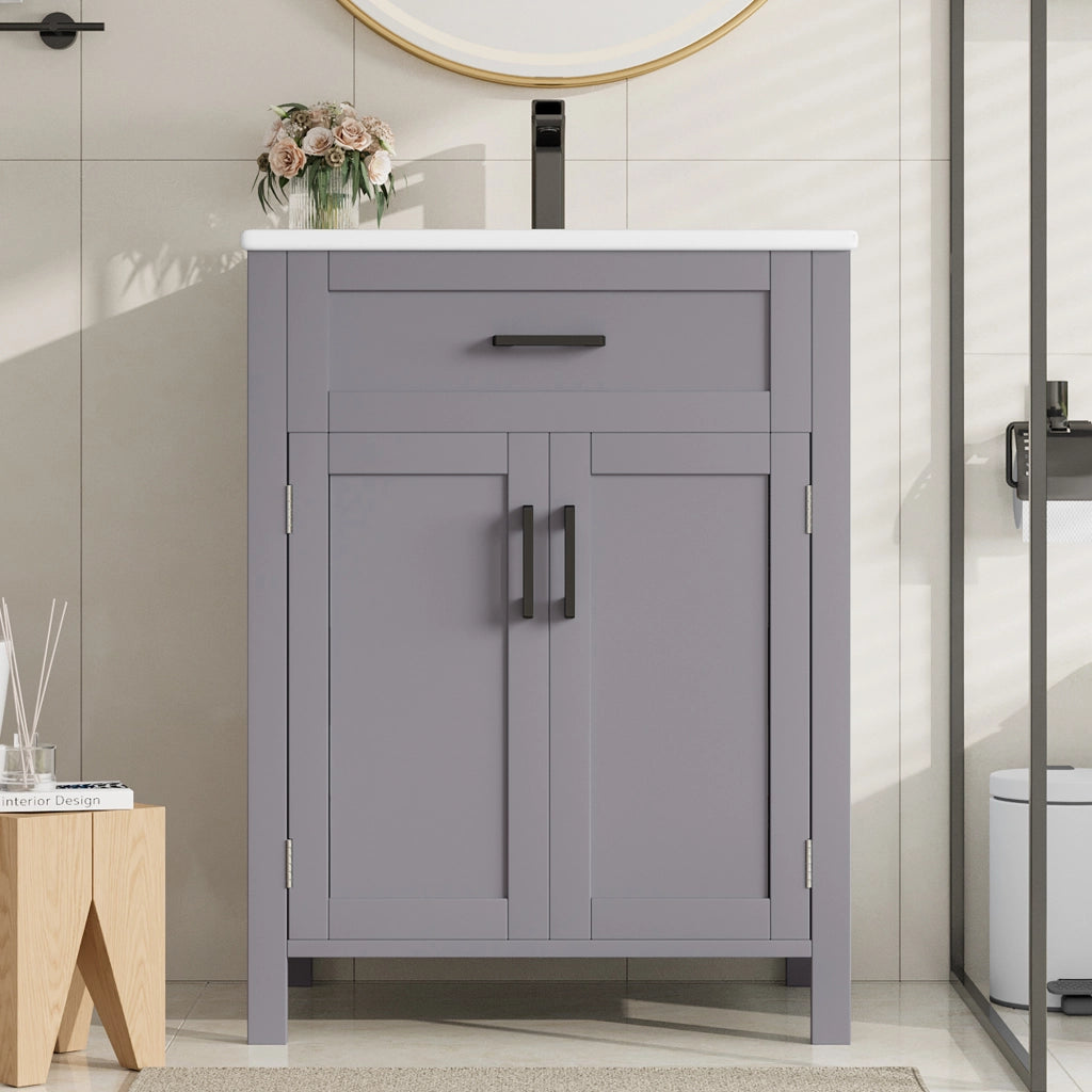 Mobile sottolavabo con lavabo in ceramica, 2 ante, 1 cassetto e ripiano regolabile, per bagno, grigio, 60 × 46 × 84,8 cm