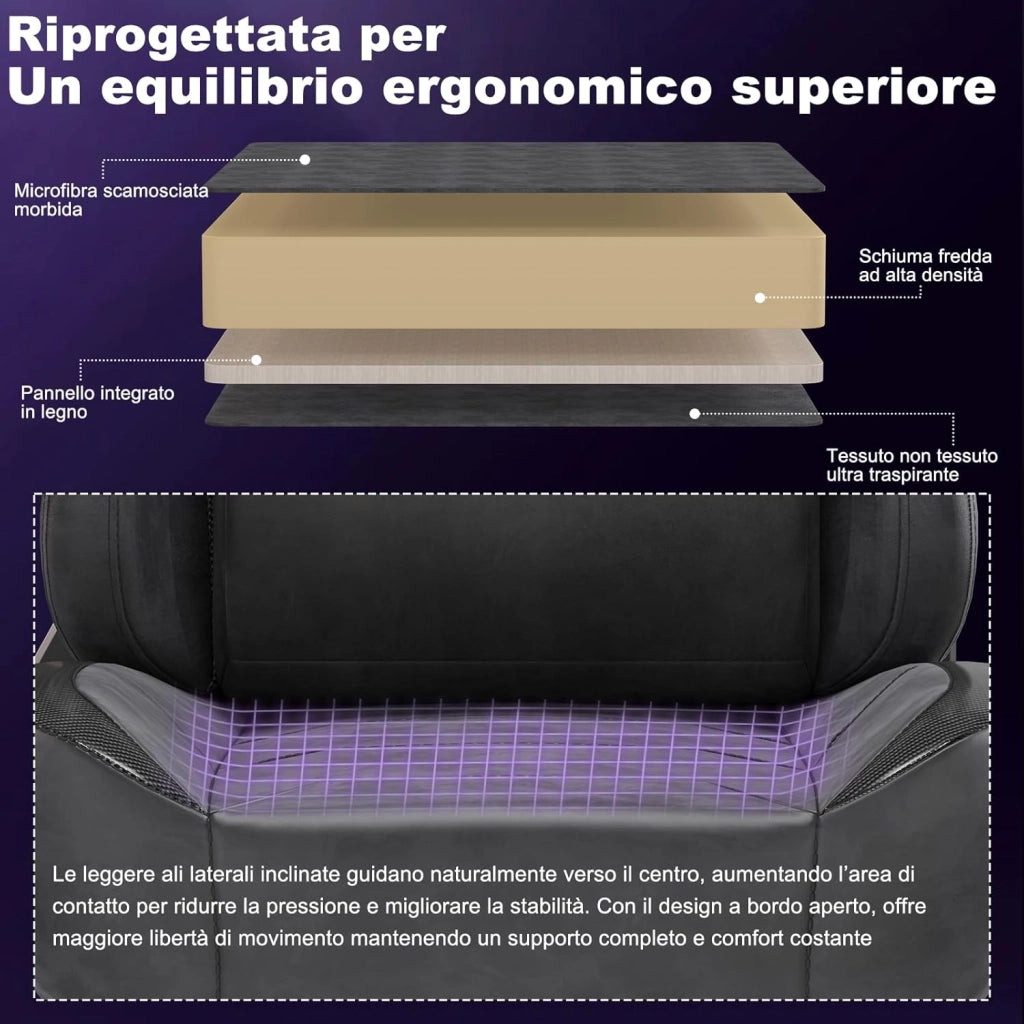Sedia da Gaming Ergonomica in Pelle Scamosciata, Poltrona da Ufficio Gamer Reclinabile 90°-135°, Braccioli 3D Regolabili, Base in Metallo, Ruote Silenziose, Portata 180kg, Nero