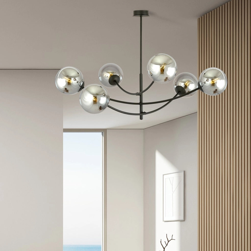 Lampada a sospensione Hunter con struttura in acciaio nero e diffusori in vetro