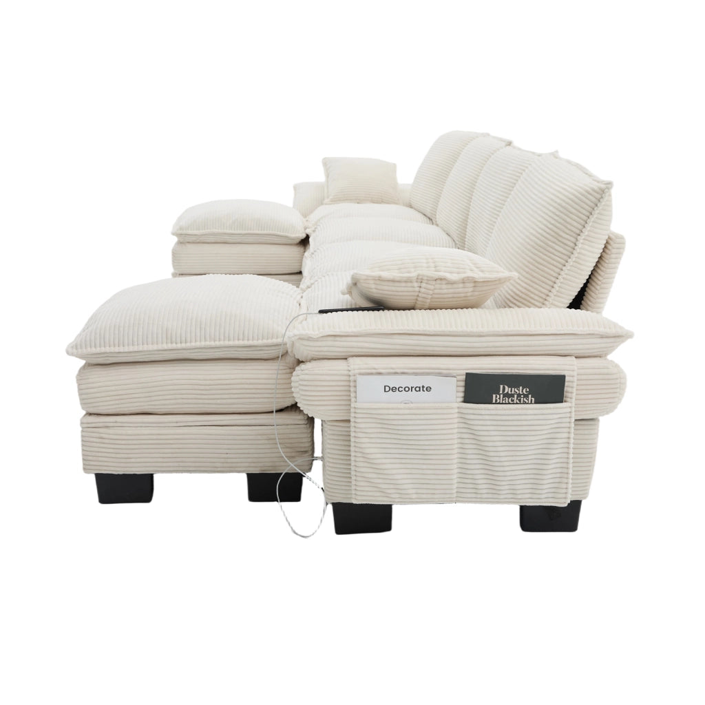 Divano panoramico modulare a 4 posti con 2 pouf in velluto a coste beige USB-C e tasche laterali 330 × 132 × 84 cm