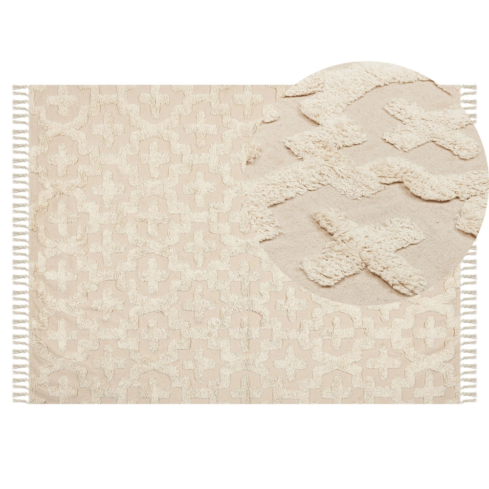 Tappeto in cotone beige 140 x 200 cm minimalista trapuntato motivo geometrico soggiorno camera da letto