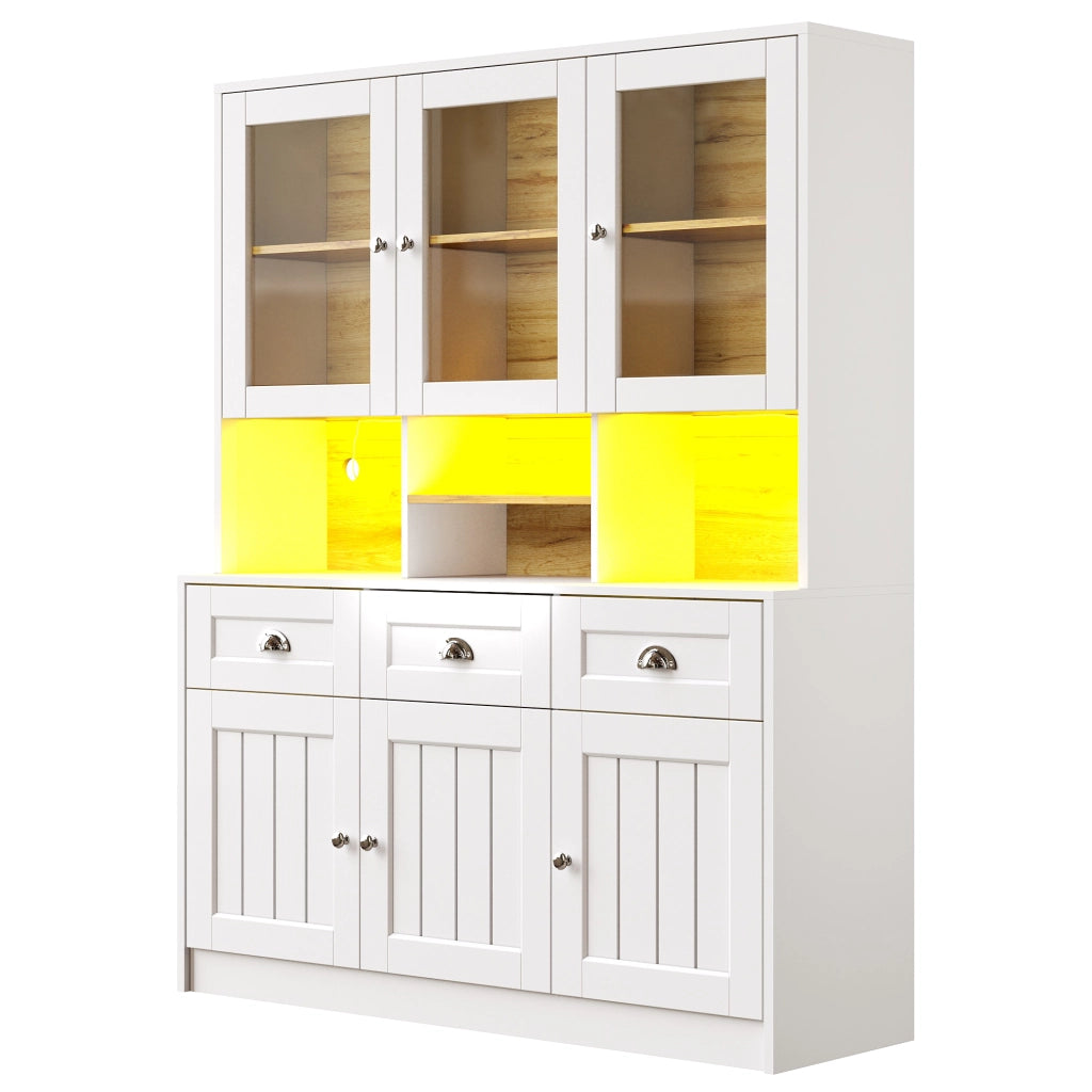OKWISH Credenza da cucina alta con 6 ante e 3 cassetti, ripiani regolabili e LED, per cucina, MDF, 140 x 40 x 175 cm