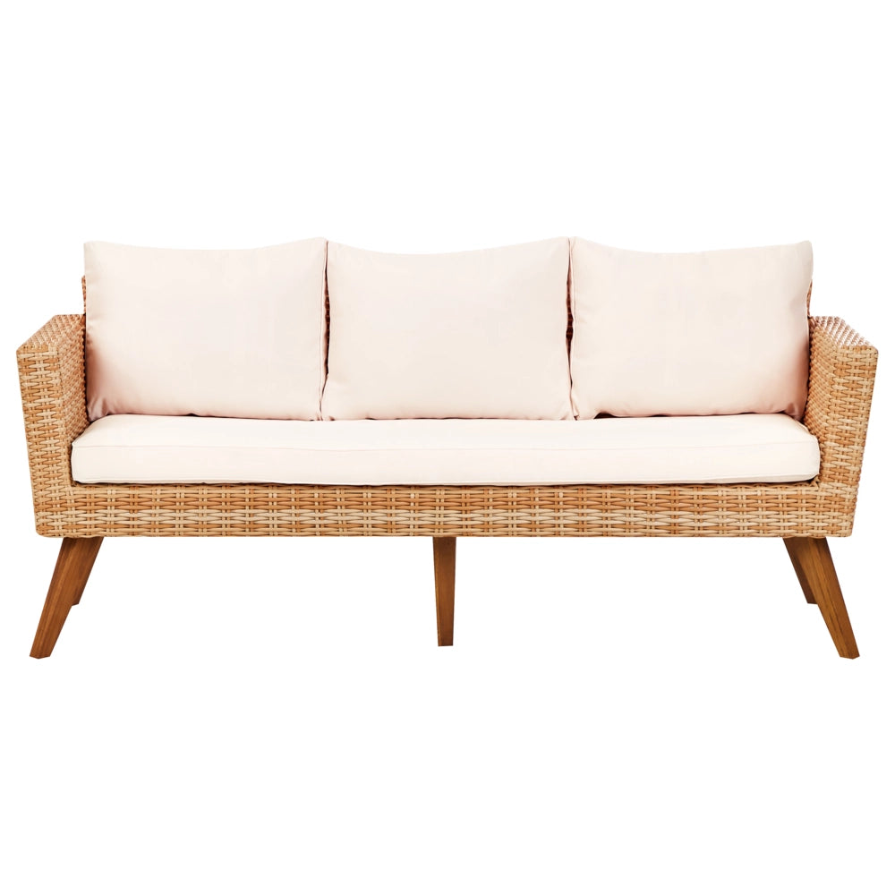 Set giardino in rattan bianco crema composto da divano 3 posti 2 poltrone tavolino esterno elegante