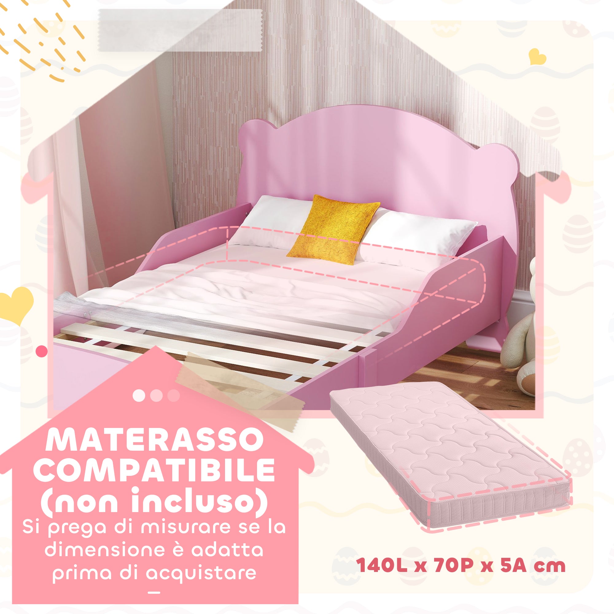 Struttura Letto Singolo per Bambini Orso 143,5x80x55 cm con Sponde Laterali in Legno Rosa