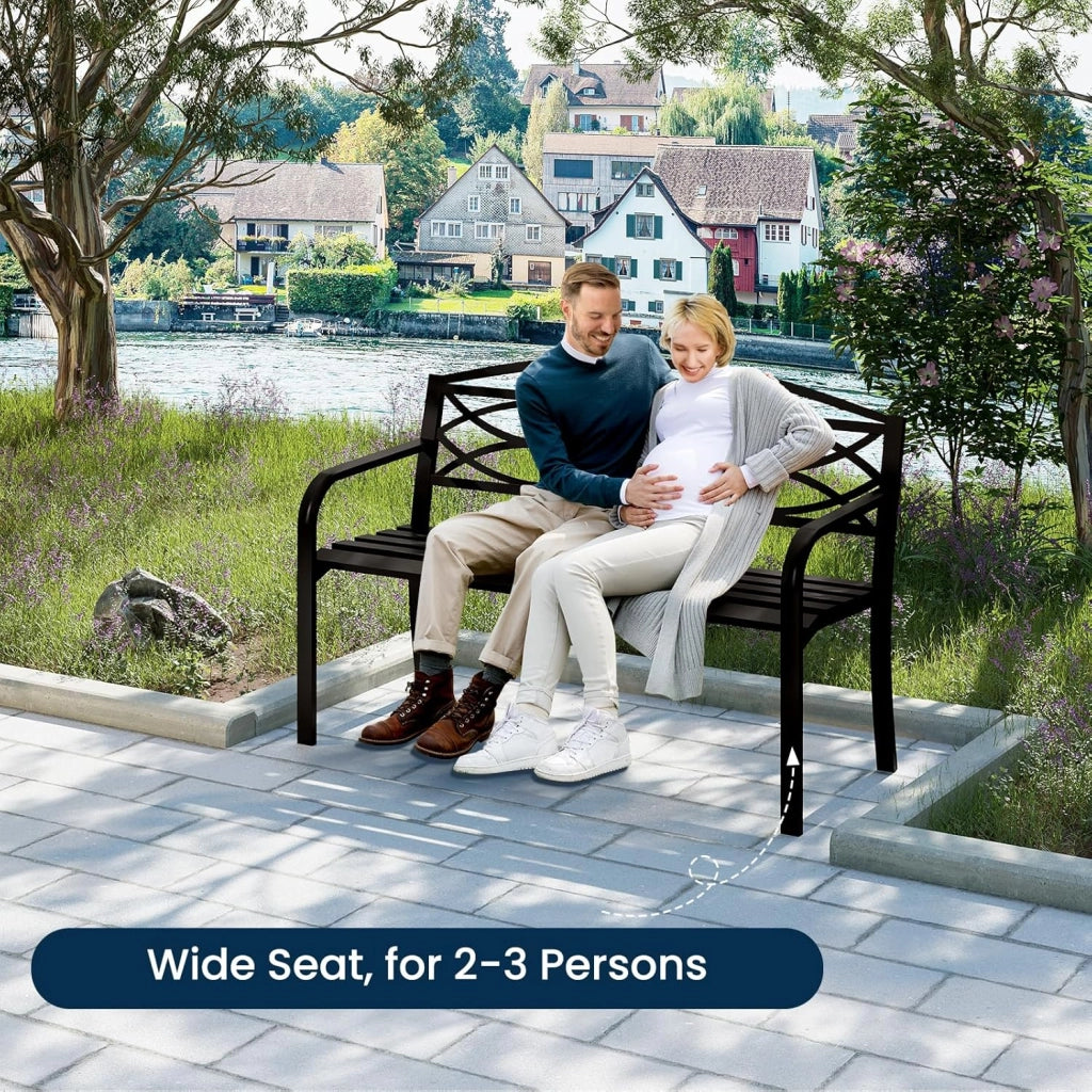 Panchina da Giardino in Metallo, Panchina da Esterno per 2 o 3 Persone, con Schienale e Braccioli, Panca per Patio Parco Terrazzo, 127x59,5x83cm, Nero