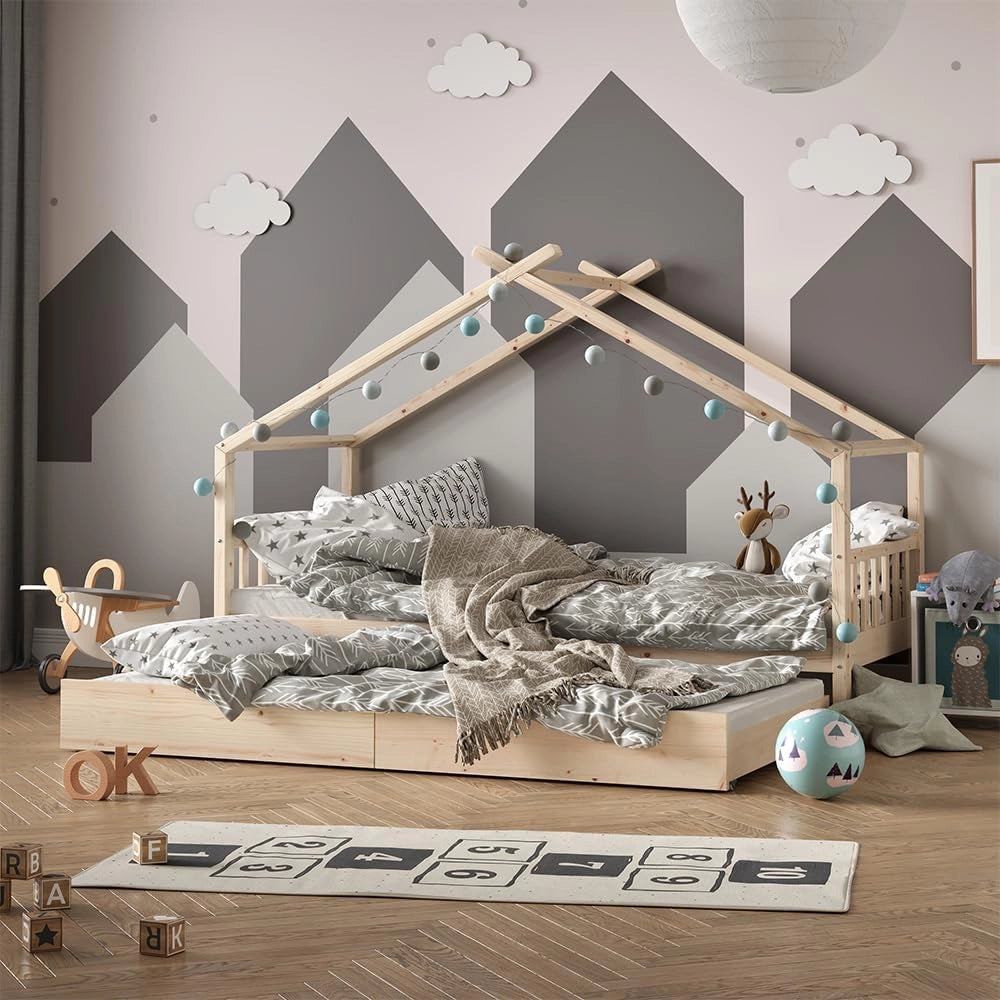 Letto montessori bambini Design, Legno naturale, 90x200 cm con letto per ospiti e 2 materassi, con sponda anticaduta e rete a doghe per un sonno sicuro