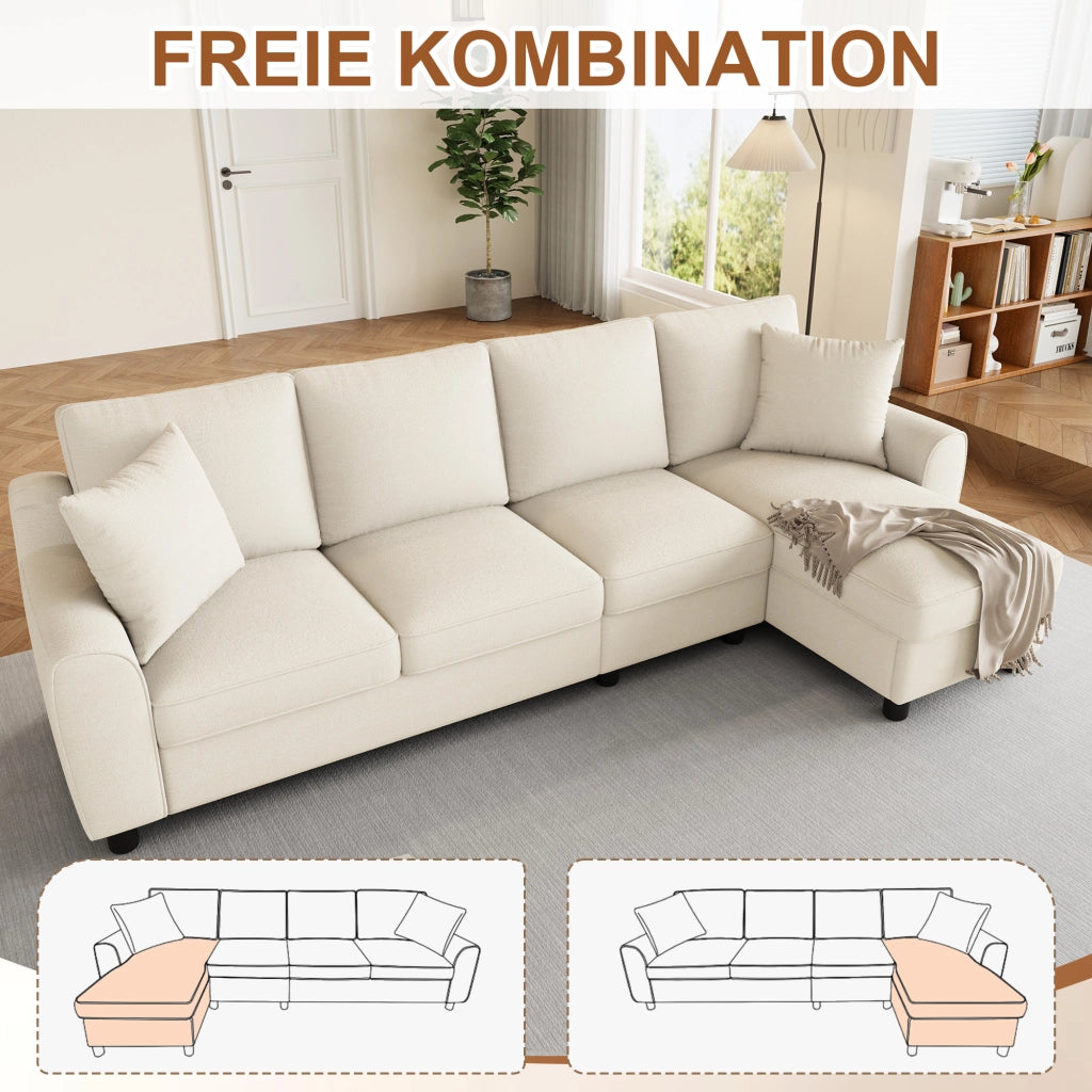 Divano angolare a L con chaise longue e vano contenitore, schienale ribaltabile con portabicchieri, in chenille beige