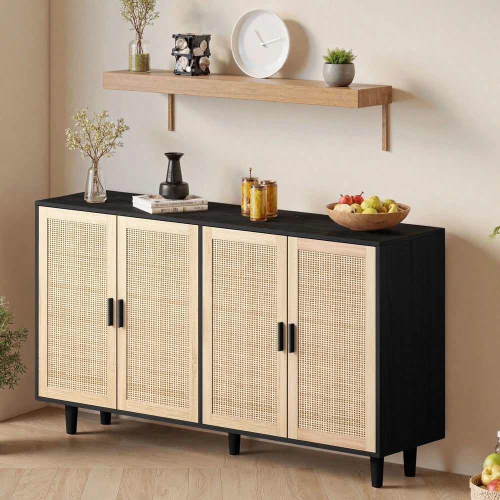 Armadio a 4 Ante in Rattan con Ripiani ¨C MINIMAL ¨C Nero, 158 cm
