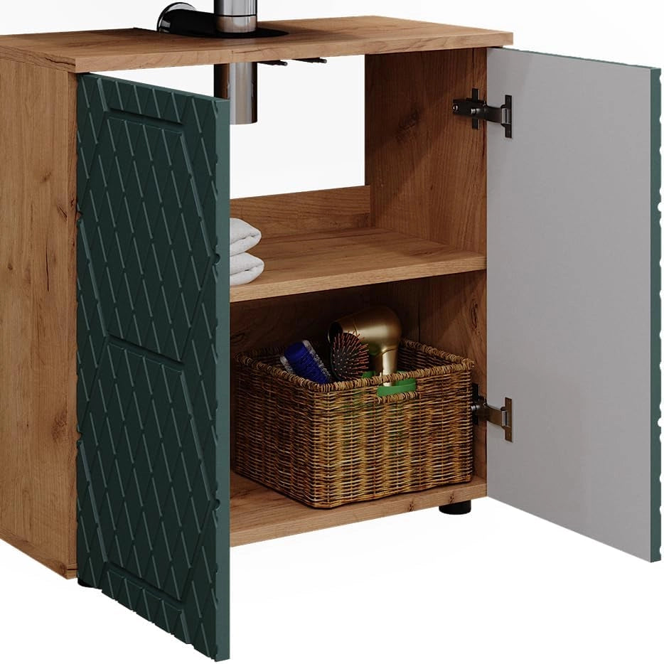 Set mobili bagno Irma, Quercia verde/oro, 3 parti, con unità di base 60 cm, composto da mobile sottolavabo, specchiera e mobile medio