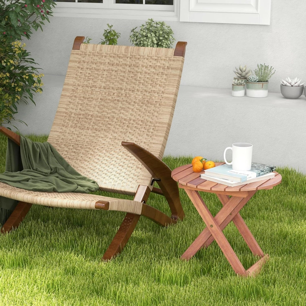 Tavolino in legno di acacia con piano rotondo, punta del divano robusta con gambe incrociate a forma di X, adatto per soggiorno, camera da letto, balcone, esterno, naturale (46 x 45)
