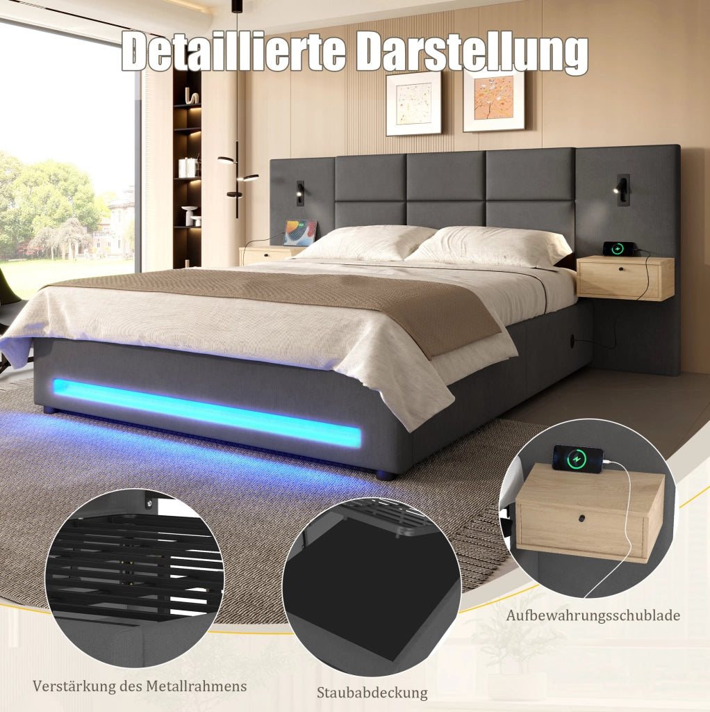 Letto imbottito 180x200 cm in velluto grigio scuro con contenitore idraulico; LED e USB-C