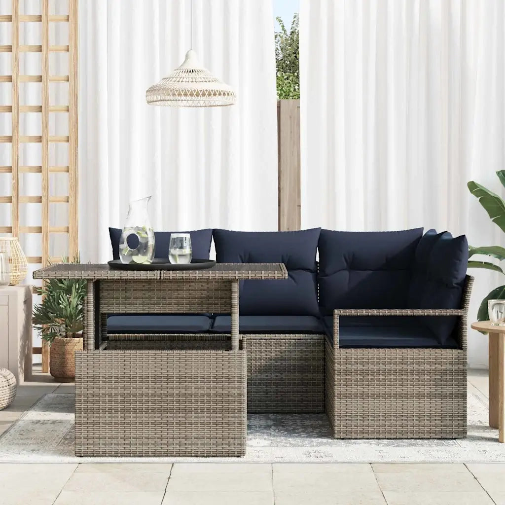 Set Divano da Giardino 5 pcs Grigio e Blu Navy polyrattan