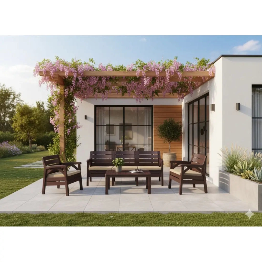 Salotto da giardino SOLVANA 5 posti marrone e beige con divano a 3 posti, poltrone e tavolino