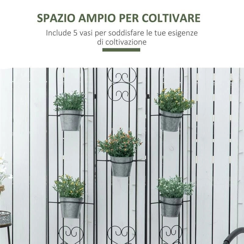PORTAPIANTE VERTICALE PIEGHEVOLE CON 5 VASI DA ESTERNO IN METALLO, 82X12.5X150CM, NERO