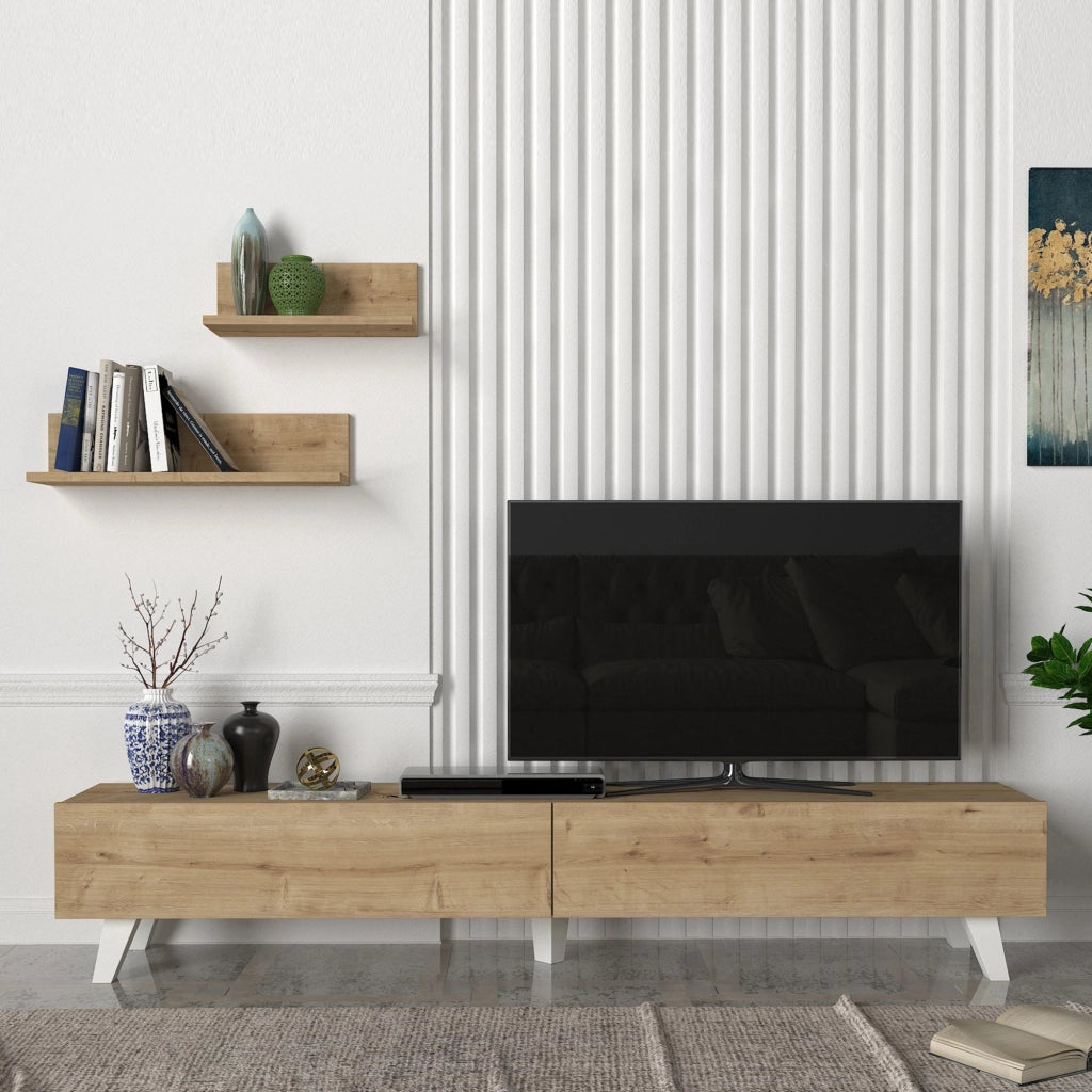 Set di Mobile TV e 2 Mensole da Muro Armadietto Porta TV 180 cm con 2 Ante a Ribalta e Mensole a Forma di L Lunghezze Diverse - Effetto Rovere [en.casa]