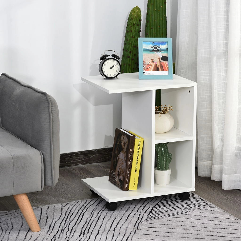 TAVOLINO DA SALOTTO CON 2 RIPIANI APERTI E 4 RUOTE GIREVOLI 45X35X58CM BIANCO