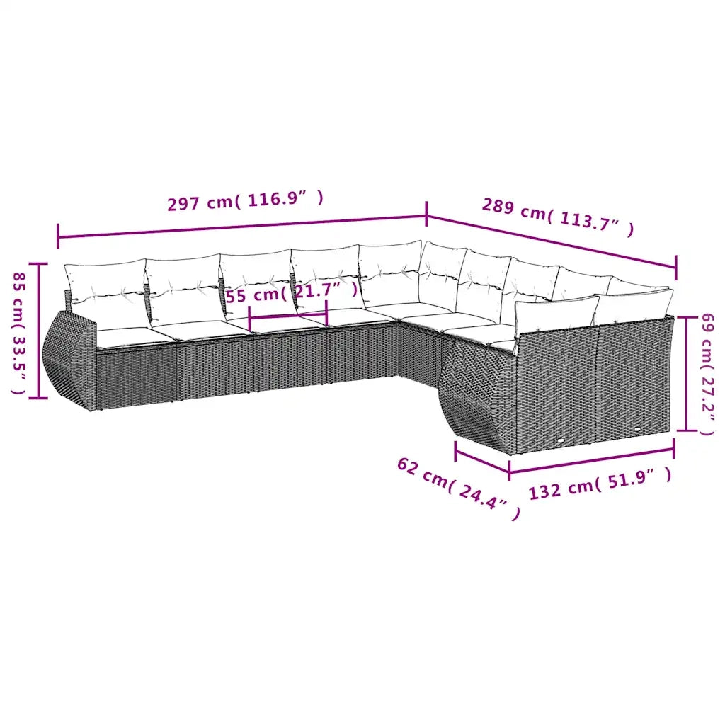 Set Divani da Giardino 10 pz con Cuscini Grigio in Polyrattan 3221910