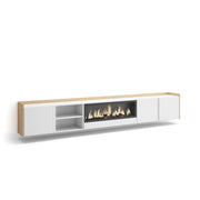 Mobile TV Soggiorno, 315x50x35 cm, Per TV fino a 80", Camino elettrico XXL, Sospeso, da appendere, Bianco e Rovere soft