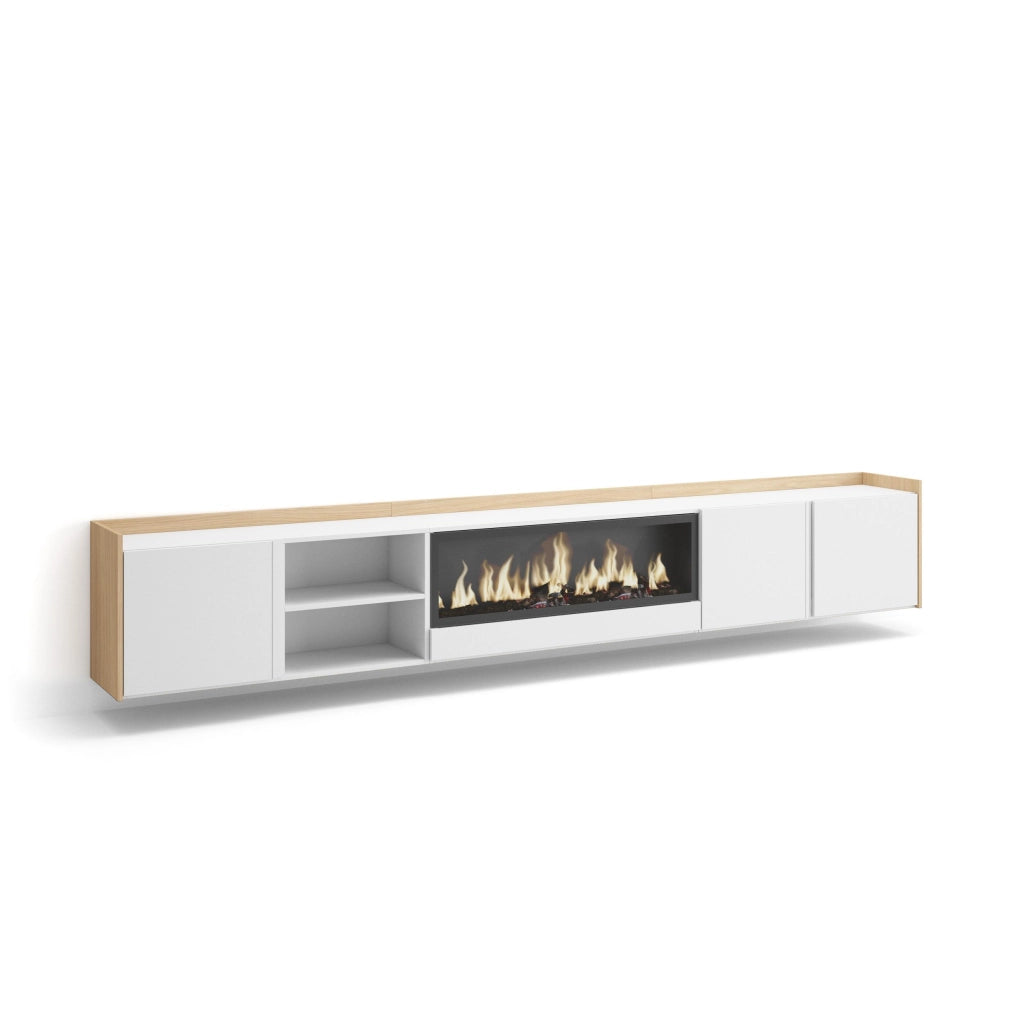 Mobile TV Soggiorno, 315x50x35 cm, Per TV fino a 80", Camino elettrico XXL, Sospeso, da appendere, Bianco e Rovere soft