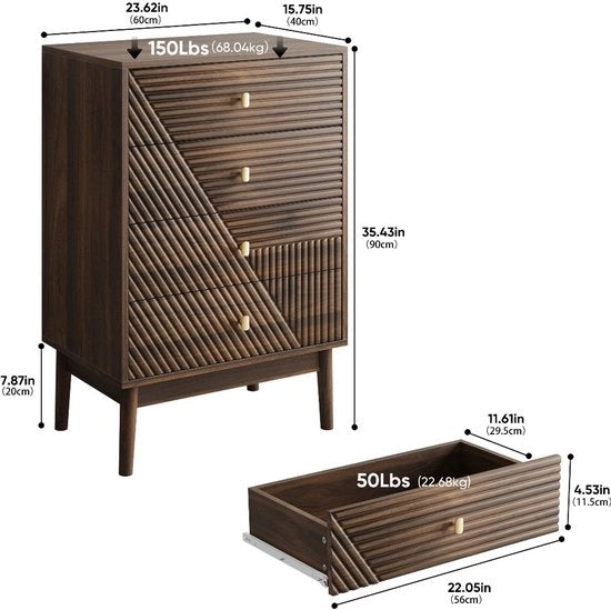Comodino in legno di noce - 4 cassetti - porte scorrevoli