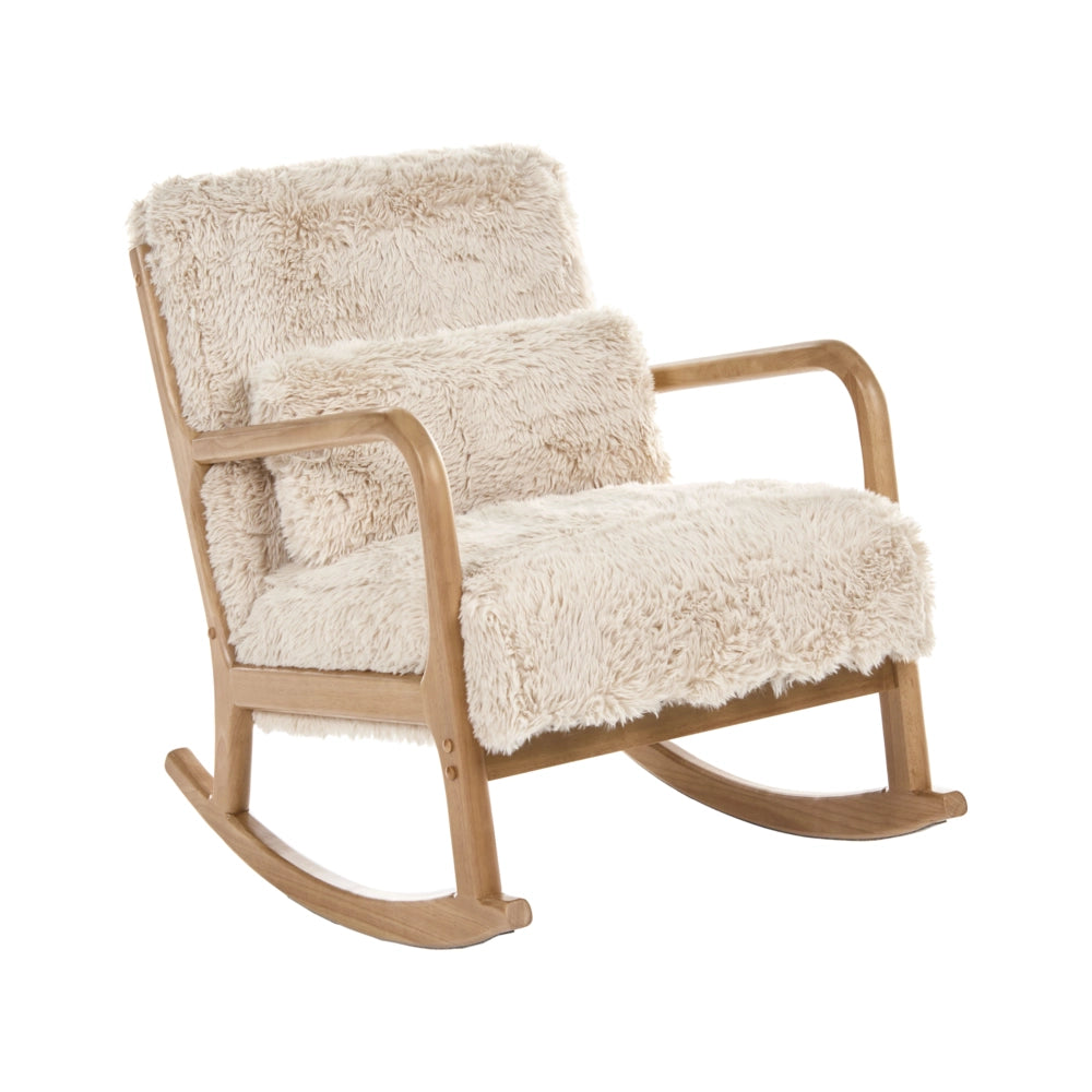Sedia a dondolo con braccioli e cuscino Gambe in legno di gomma e rivestimento in finta pelliccia beige chiaro Soggiorno classico tradizionale