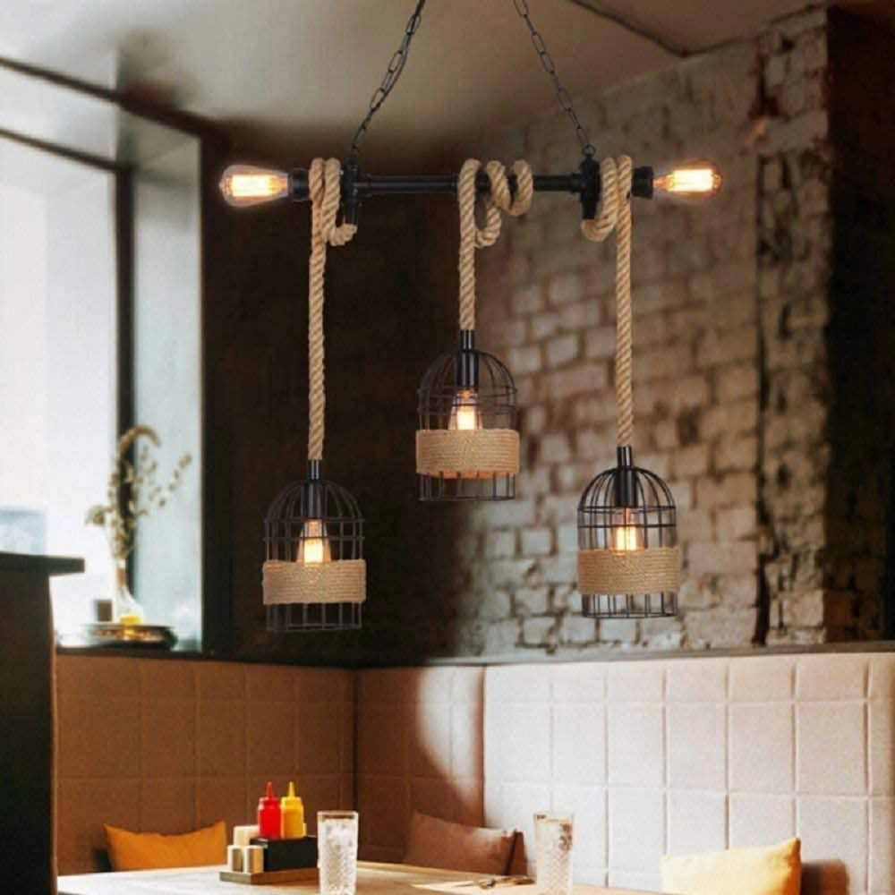 Trade Shop - Lampadario A Sospensione Stile Industriale In Metallo Corda Canapa Retrò B60-5 -