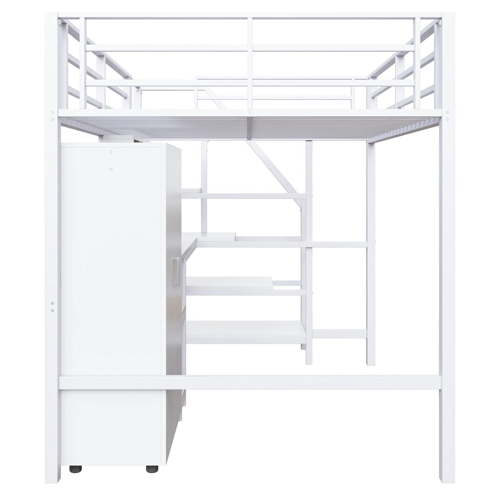 Letto a castello bianco con scrivania armadio e scaffali in metallo 140x200 cm